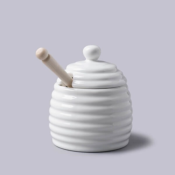 WM Bartleet & Sons Porcelain Honey Pot with Wooden Dipper in White