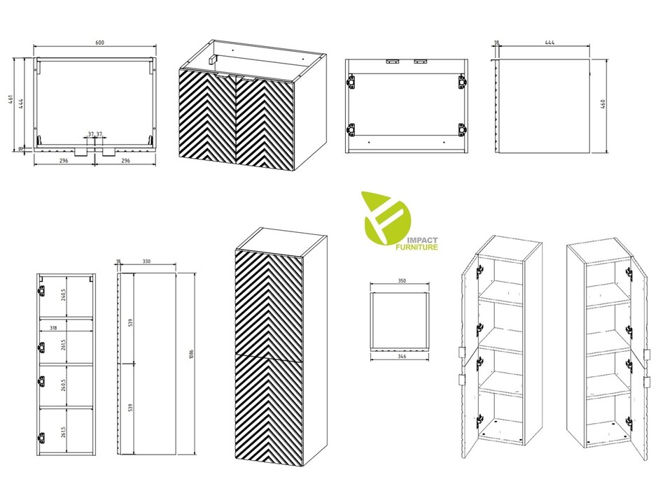image 1 of Bathroom Furniture Set  600mm Wall Hung Vanity Unit with Tallboy Storage Cabinet Ribbed Fluted Herringbone Beige Cara