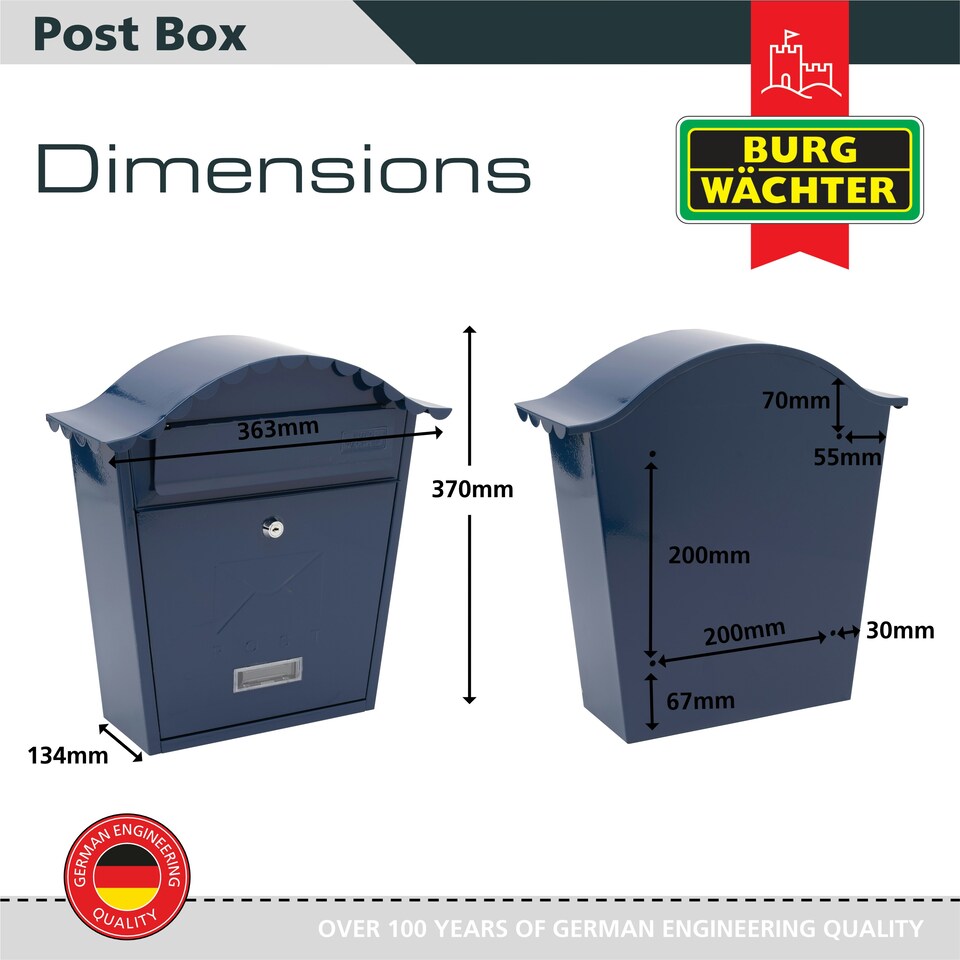 image 1 of Burg-Wachter Classic Wall Mounted Galvanised Steel Lockable Weatherproof Post Box - 36x37x13cm Blue | Midnight Blue