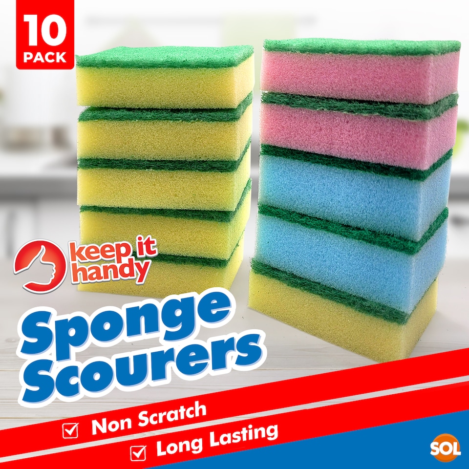 image 1 of 10pk Small Sponge Scourers - Blue, Pink and Yellow Kitchen Cleaning