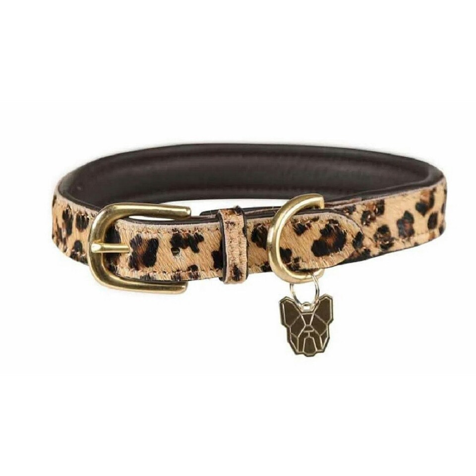 Digby & Fox Leopard Print Cow Hair Leather Dog Collar - Brown/Black - L - Neckline: 44cm-52cm