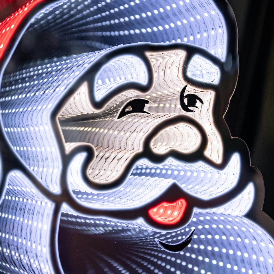 image 1 of 40cm Infinity Santa's Head Christmas Decoration on Wooden Base with Red & White LEDs