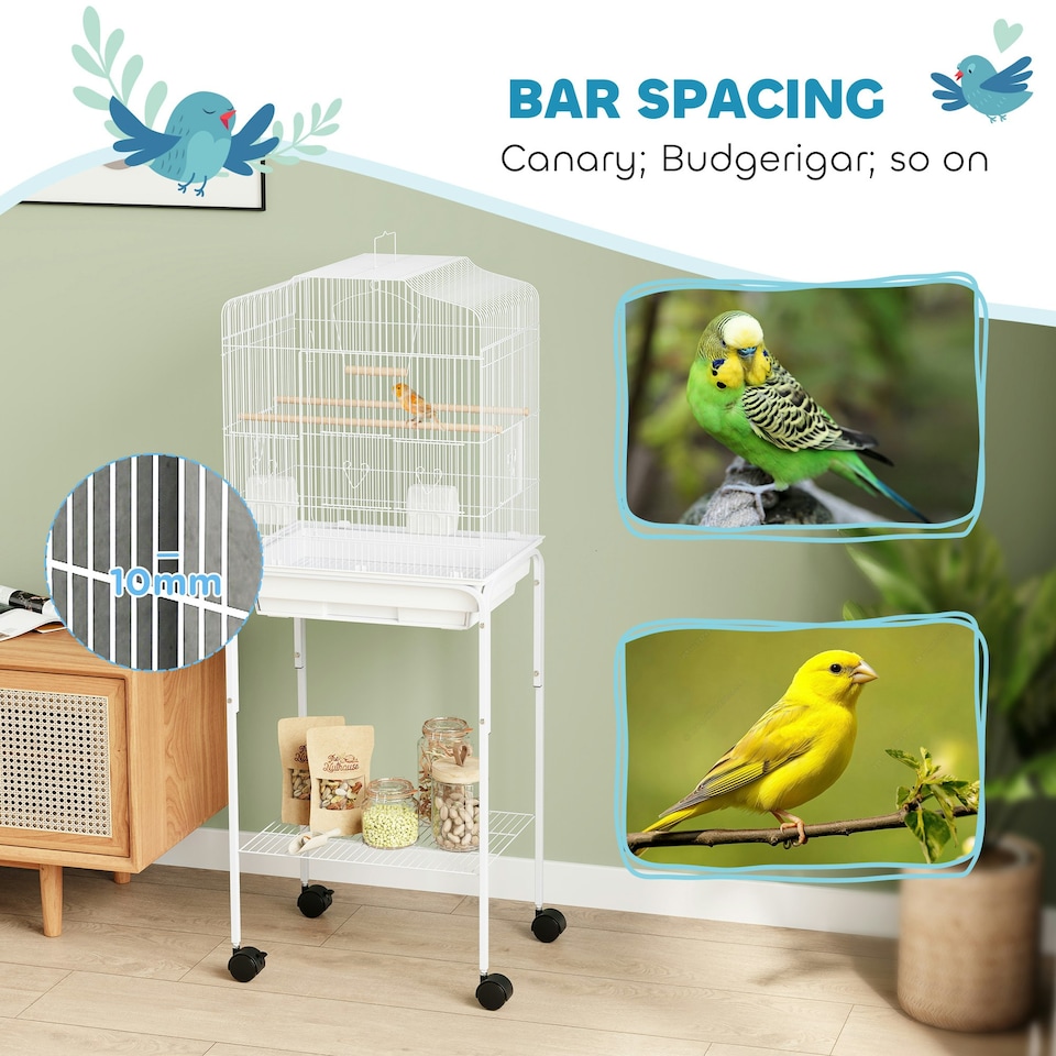image 1 of PawHut Bird Cage for Budgie Finch Canary Parakeet W/ Stand Tray White