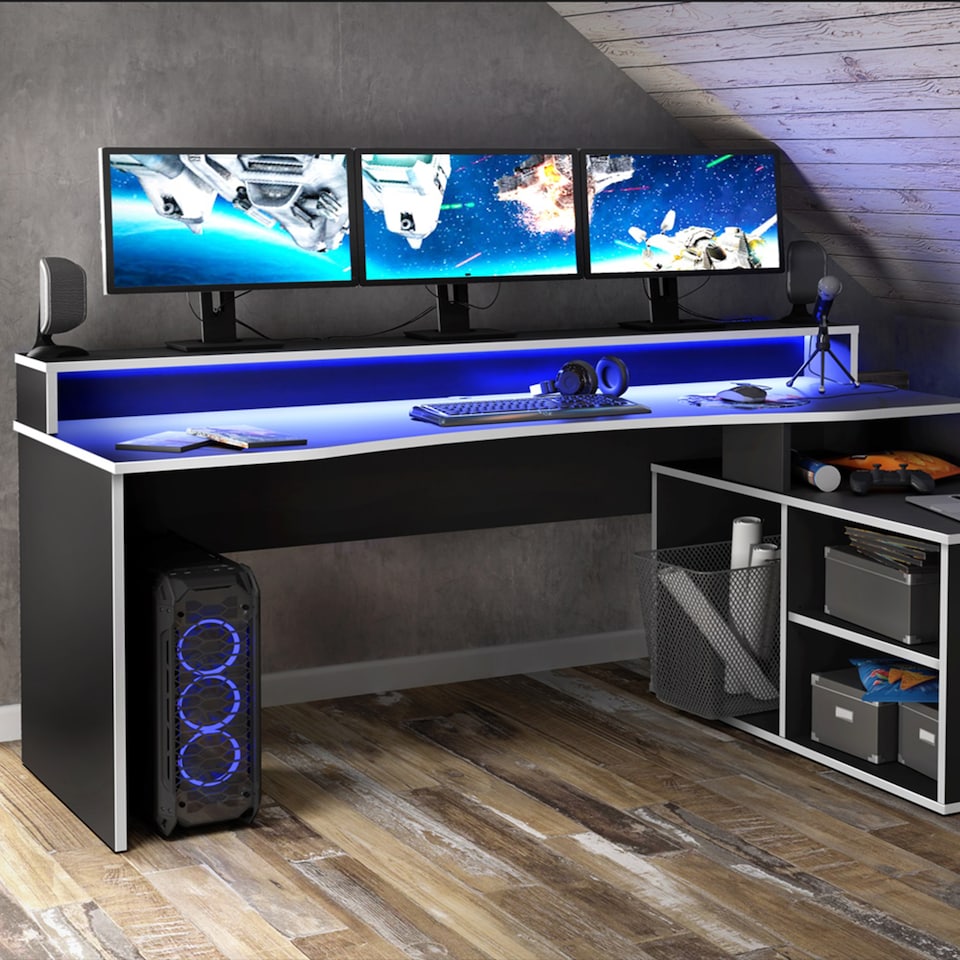 image 1 of Tezaur Black Storage Gaming Desk 3 Shelves with Colour Changing LED