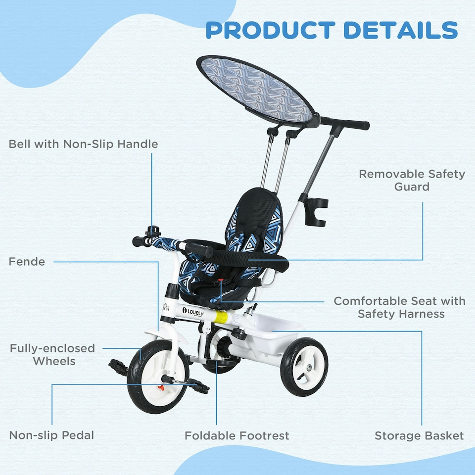 image 1 of HOMCOM 6 in 1 Kids Tricycle w/ Removable Handle for 1.5+ year, Blue