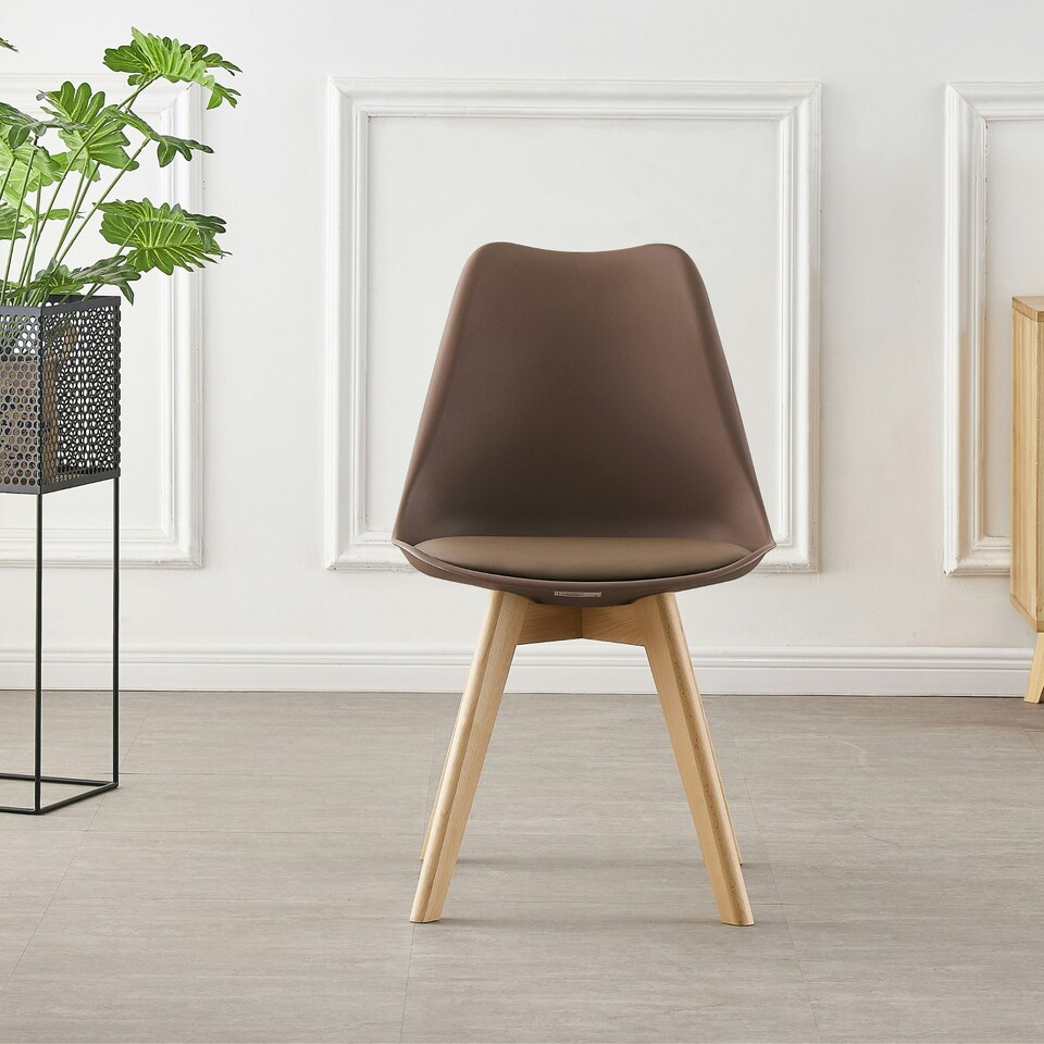 image 1 of Set of 6 Scandinavian Dining Chairs with Leather Cushions Solid Wood Legs Brown