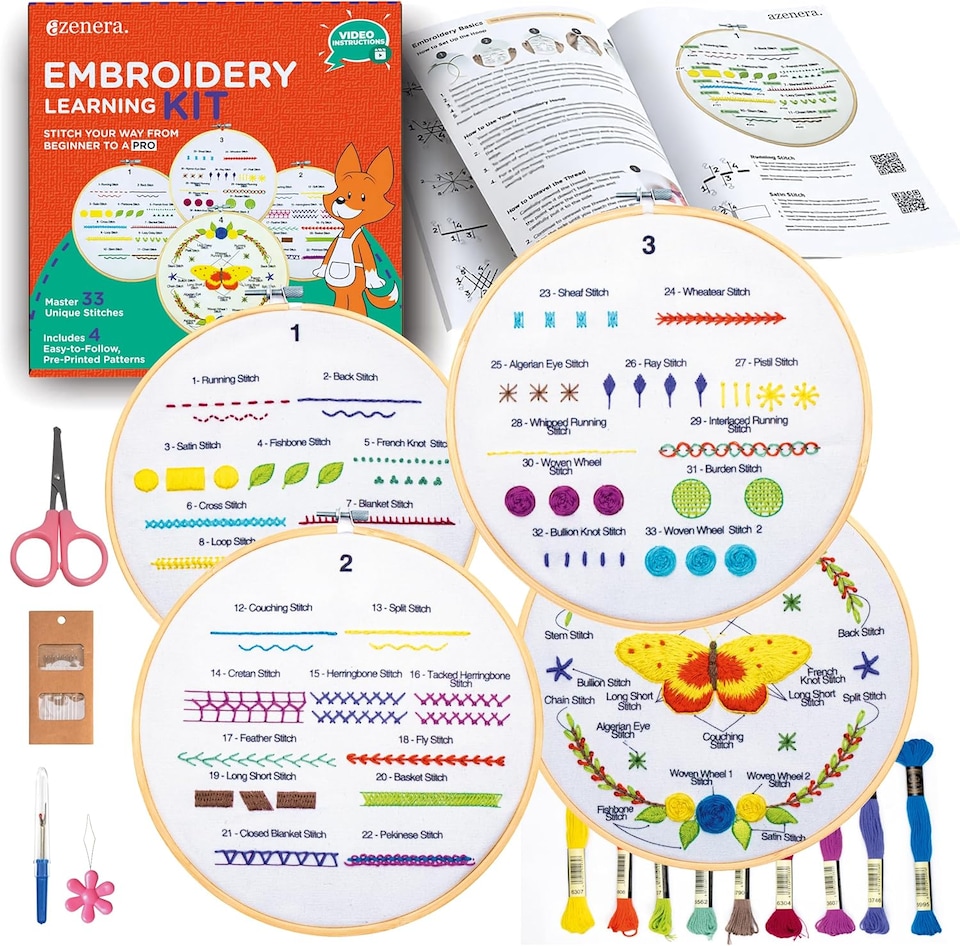 image 1 of Beginner Embroidery Kit (4 Pack) Learn 33 Stitches with Easy DIY Video Tutorials, Coloured Design Patterns, Thread Floss, Cross Stitch Hoop, Gift (AZD200)