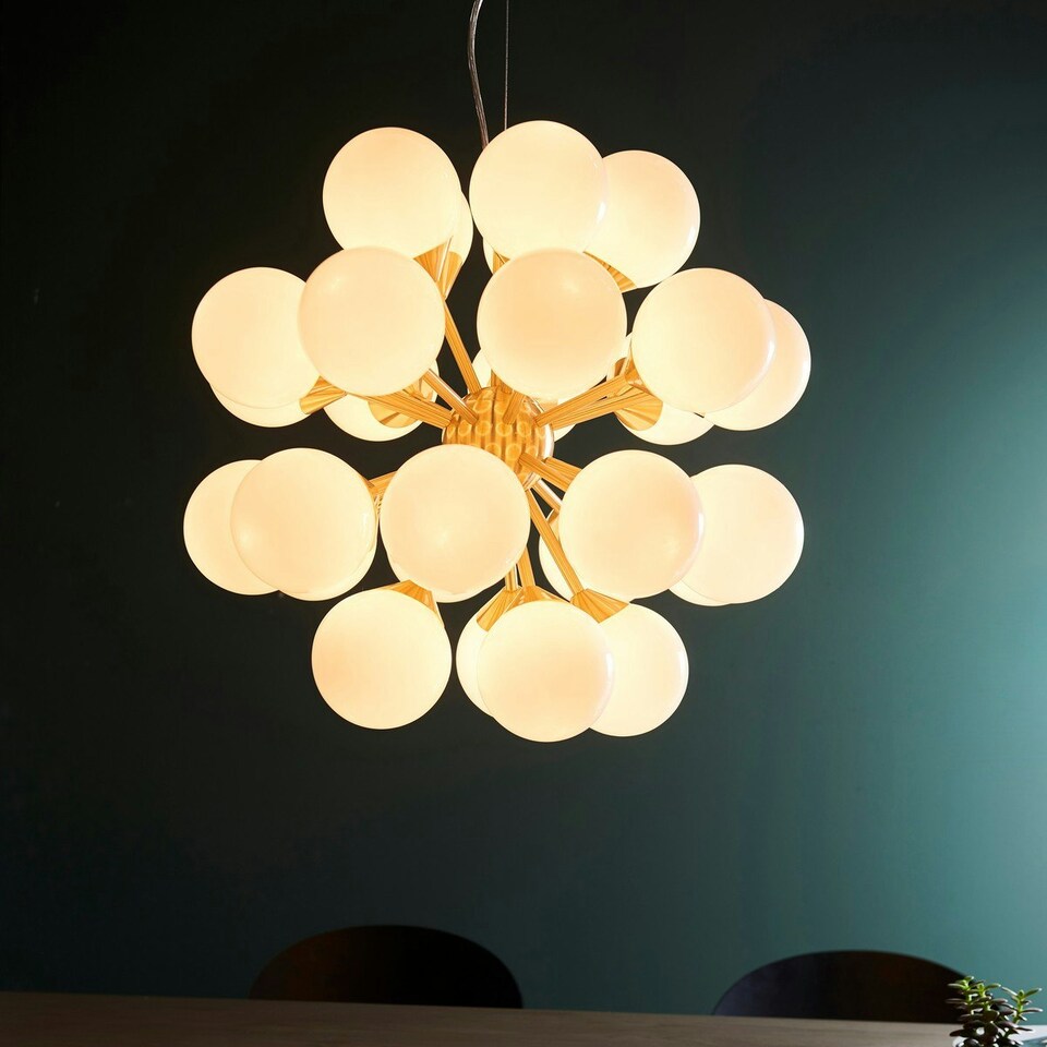 image 1 of Oscar Globe Pendant Satin Brushed Gold Effect Plate & Gloss White Glass 28 Light Dimmable IP20 - G9