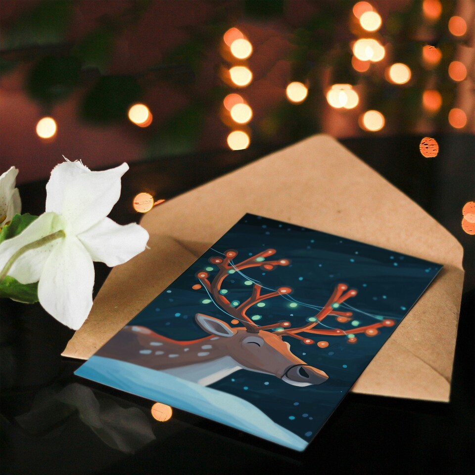 image 1 of Greeting Card Cute Reindeer With String Lights On Antlers Blank For Him Or Her Art Xmas Christmas Card