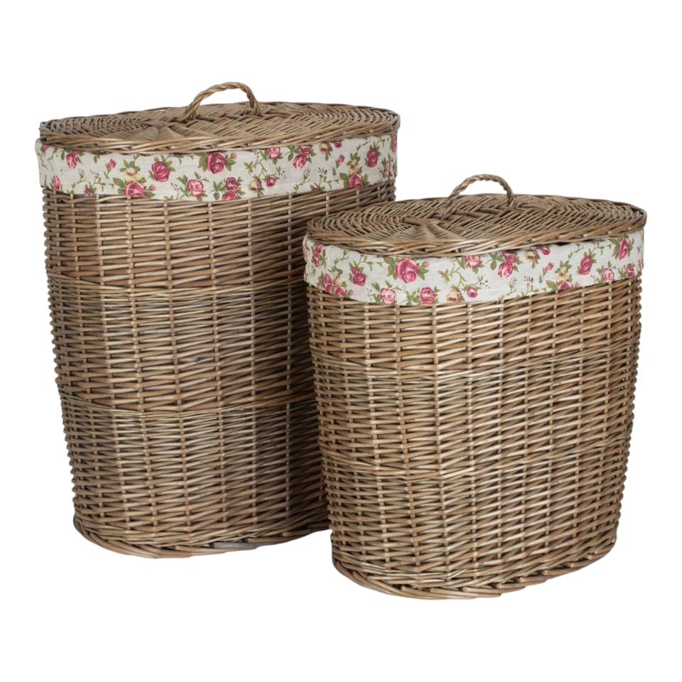 image 1 of Set of 2 Antique Wash Garden Rose Cotton Lined Oval Laundry Basket