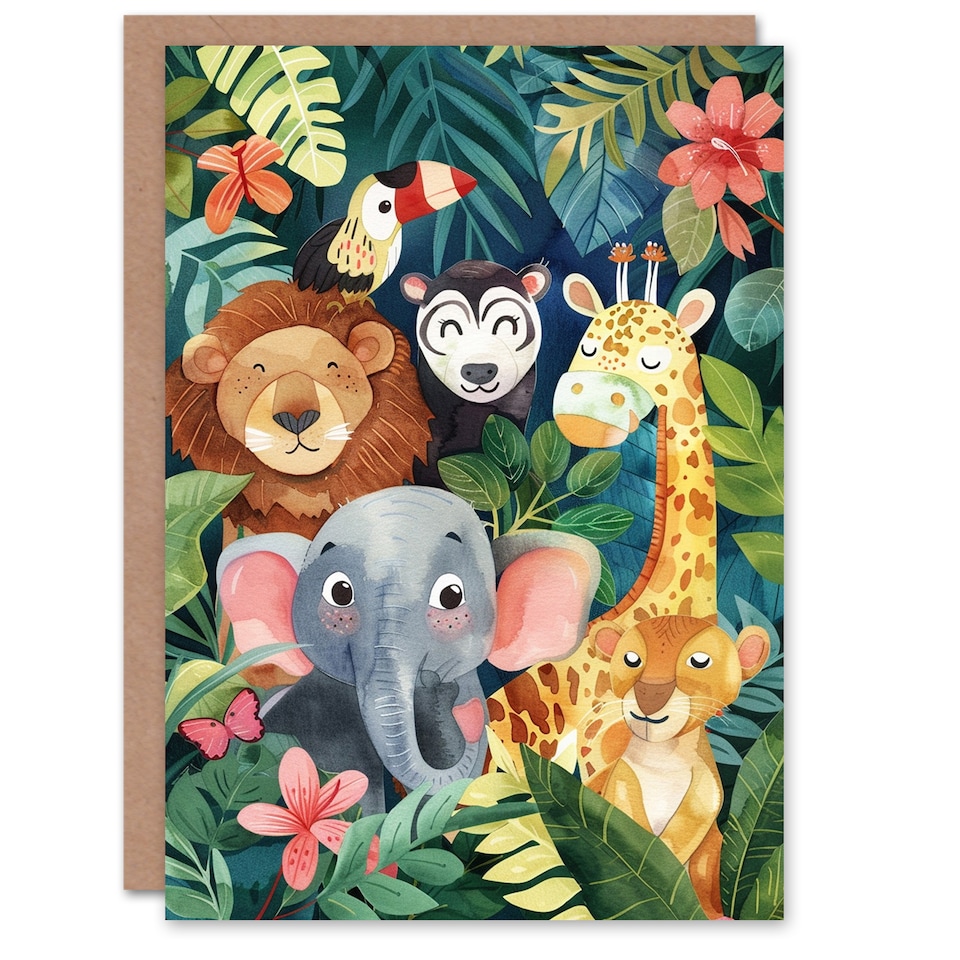 image 1 of Cute Happy Jungle Animals Watercolour Painting Birthday Card