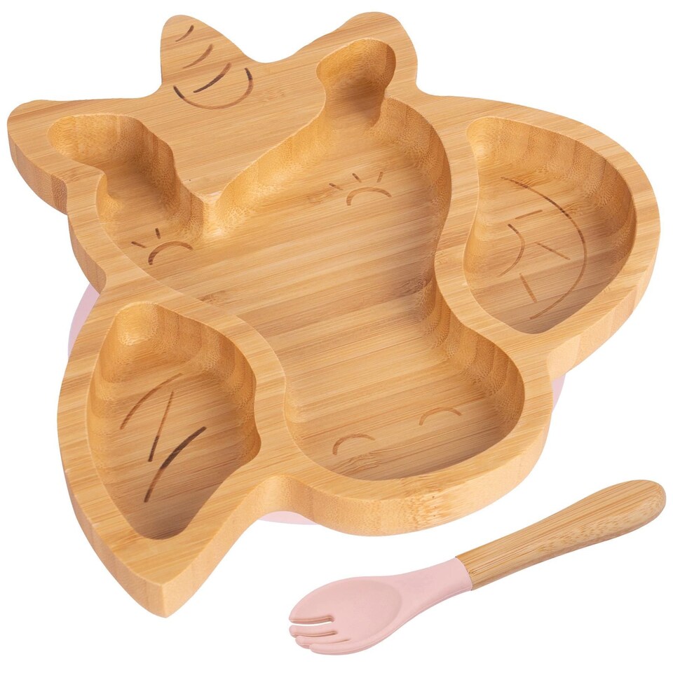image 1 of Tiny Dining Bamboo Unicorn Baby Weaning Plate & Fork Set - Pastel Pink