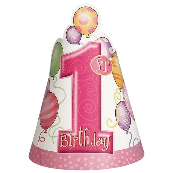 Pack of 8 First Birthday Pink Balloons Party Hats