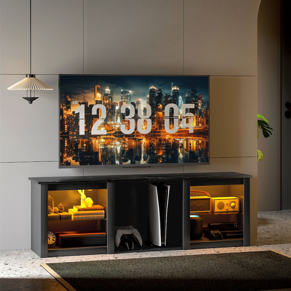 image 1 of HOMCOM TV Unit with LED Lights for TV up to 65 Inch, 160cm TV Stand Cabinet with Adjustable Glass Shelves, Open Compartments for Gaming Consoles, TV Cabinet for Living Room, Bedroom, Black