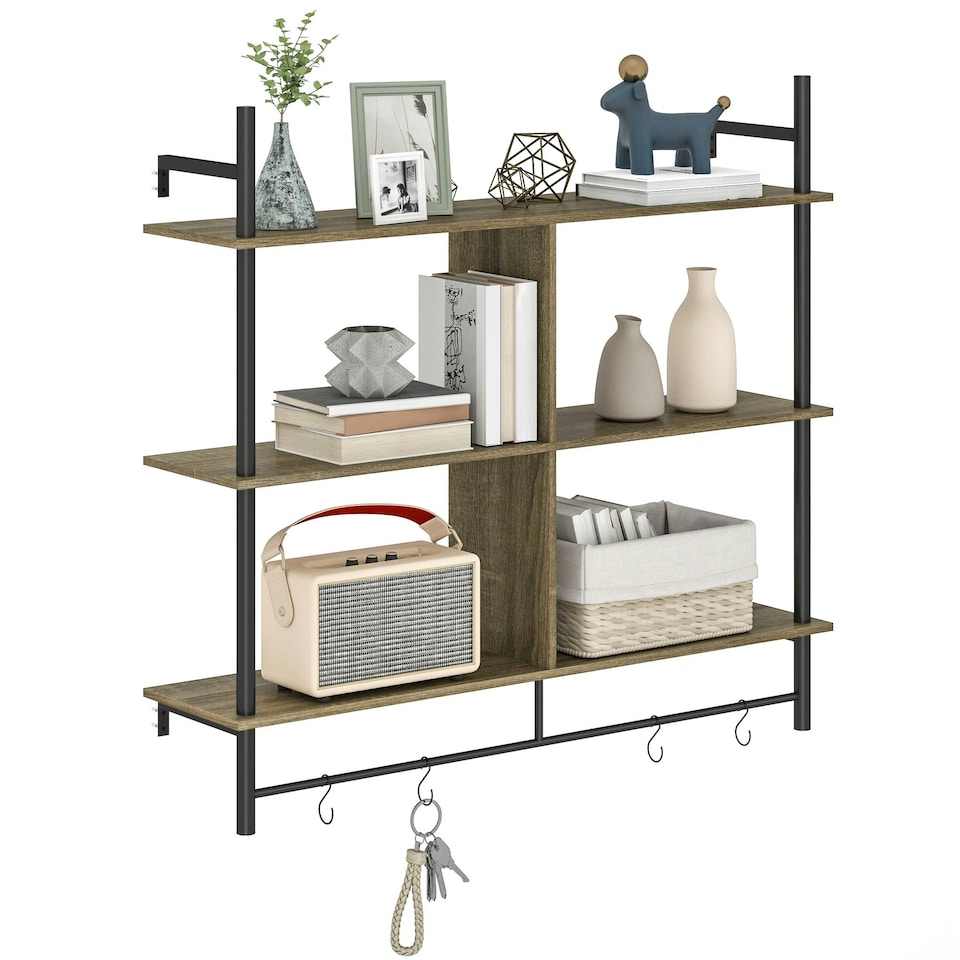 image 1 of HOMCOM Wall Shelf Unit with 4 Hooks for Living Room Grey Wood Effect