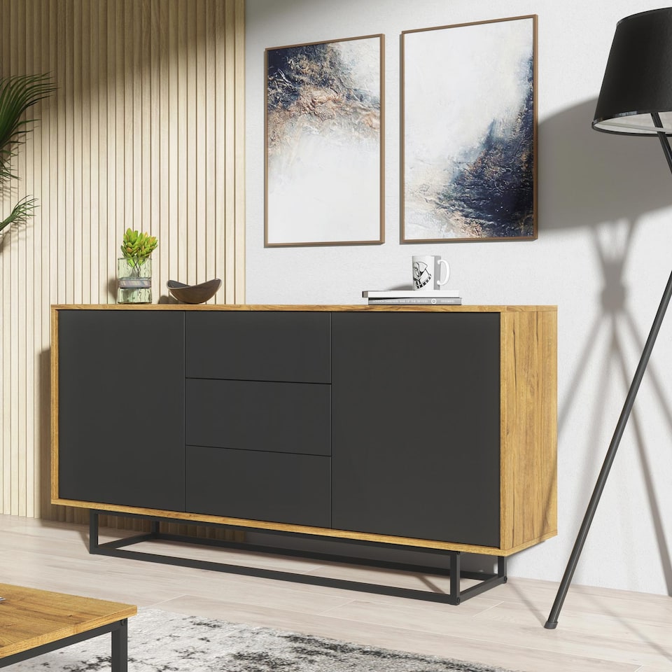 image 1 of Sideboard Cabinet Chest of Drawers Storage Cabinet Oak Black Industrial Loft 140cm