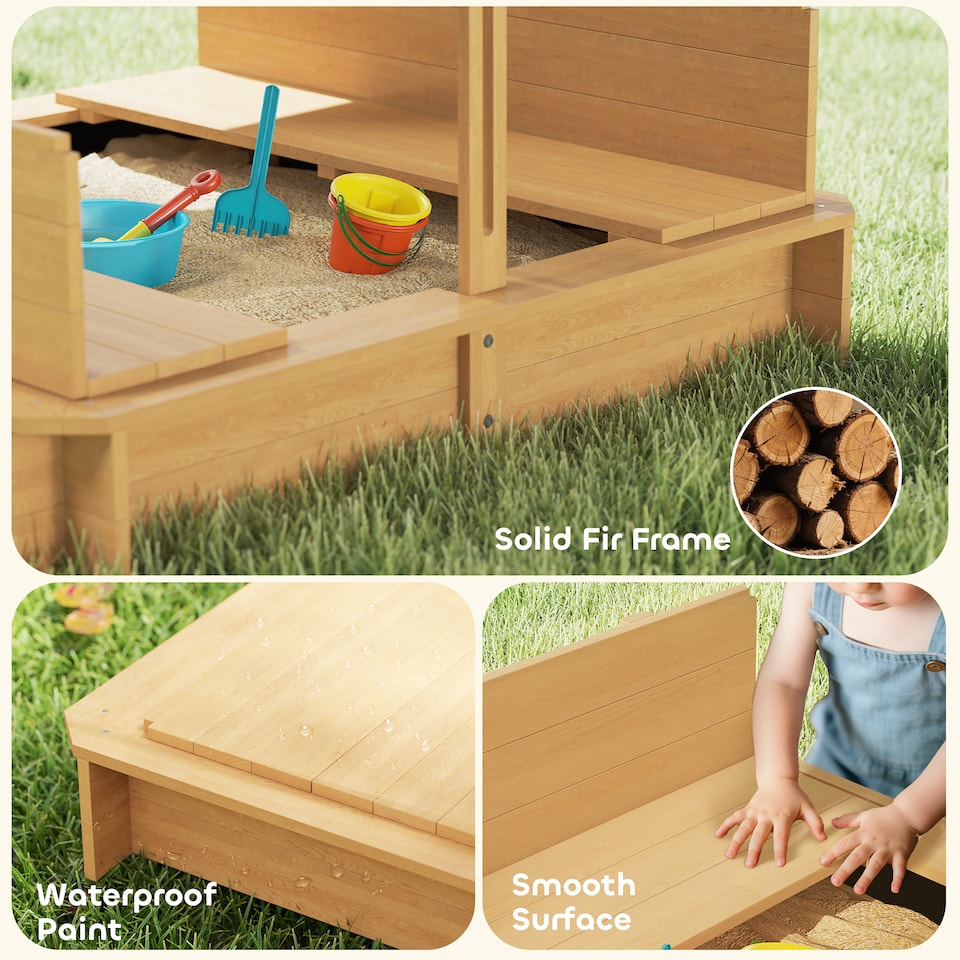image 1 of Outsunny Kids Square Wooden Sandpit, Children Sandbox Outdoor Playset | Yellow | Natural, Blue