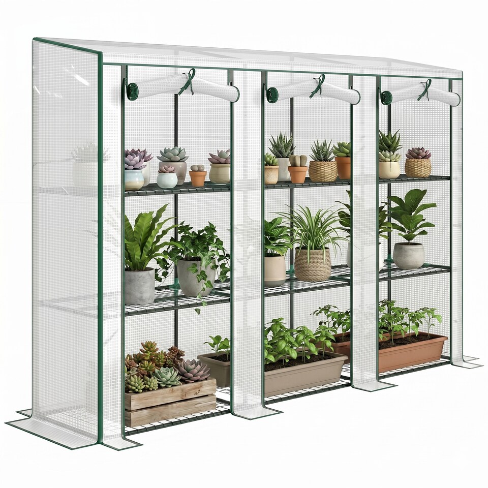 image 1 of Outsunny 3 Tier Lean-to Mini Greenhouse with Plastic Cover, White