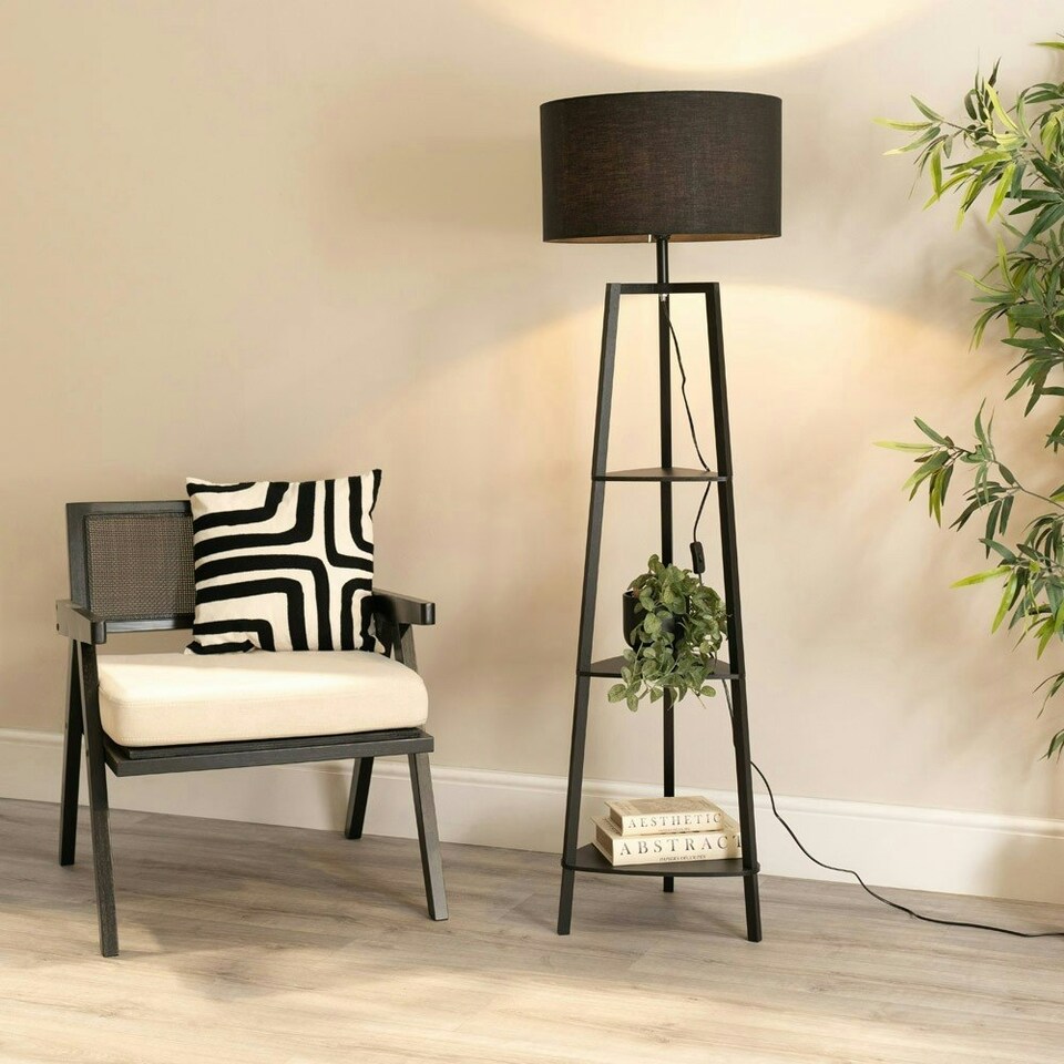 image 1 of ValueLights Hiru Black 3 Tier Shelf Floor Lamp with Black Shade Black