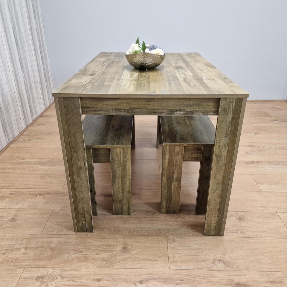 image 1 of Rustic Effect wood Dining Table And 2 Benches kitchen table Set space saver table set