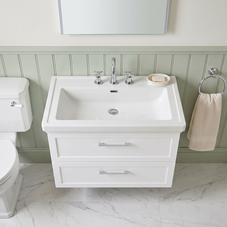 image 1 of Balterley Stonnall Traditional Wall Hung 2 Drawers Vanity Unit with Traditional 3 Tap Hole Fireclay Basin, 800mm, Matt White