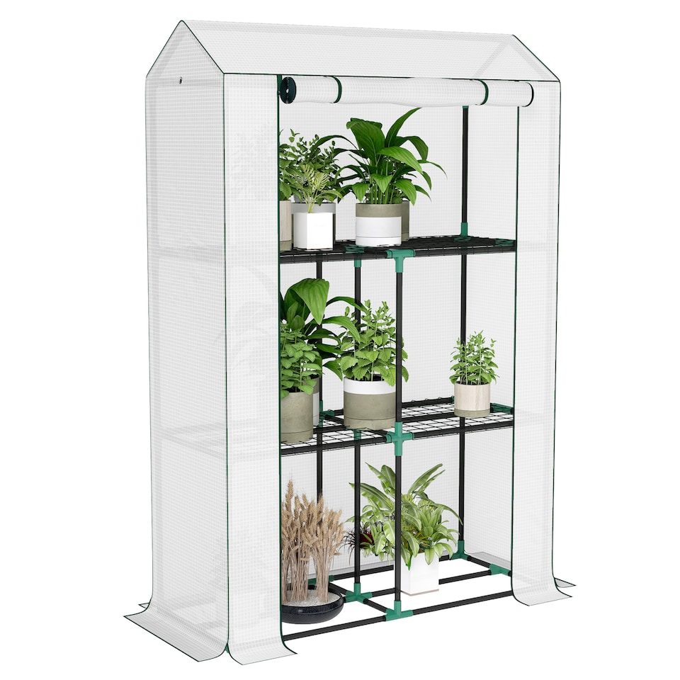 image 1 of Outsunny 3 Tier Mini Greenhouse with PE Cover, Roll-Up Door, White