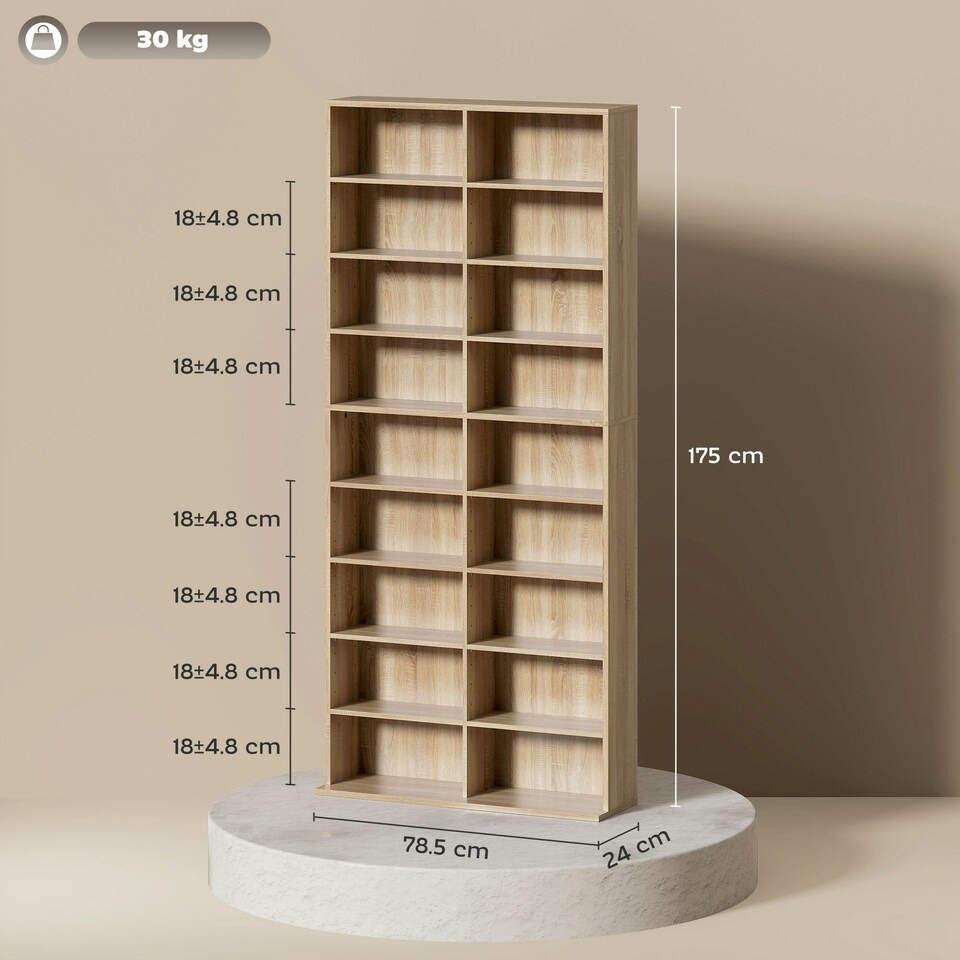 image 1 of HOMCOM 640 CD Storage Unit 360 DVD Storage Tower w/ 18 Compartments Natural | Brown | 78.5W x 24D x 175H cm
