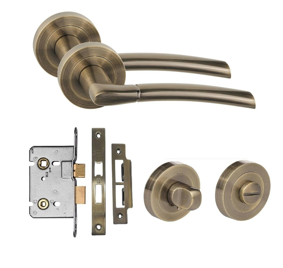 image 1 of Golden Grace Indiana Design Bathroom Door Handle Set in Antique Brass with Thumbturn and Mortise Lock | Bronze | 1 Set