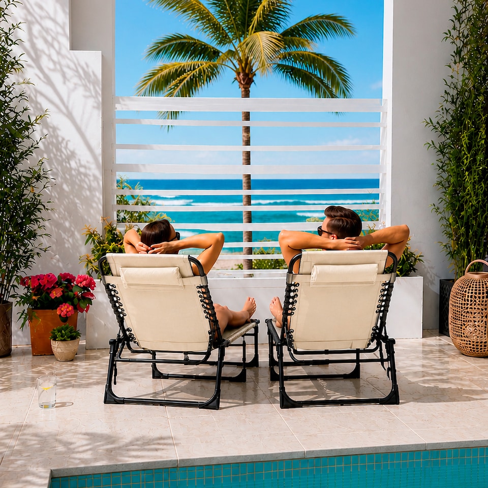 image 1 of Neo Pair of Outdoor Portable Lightweight Sun Lounger Sunbed Folding Camping Reclining Lounge Chair Garden Beach Patio | Brown | Natural