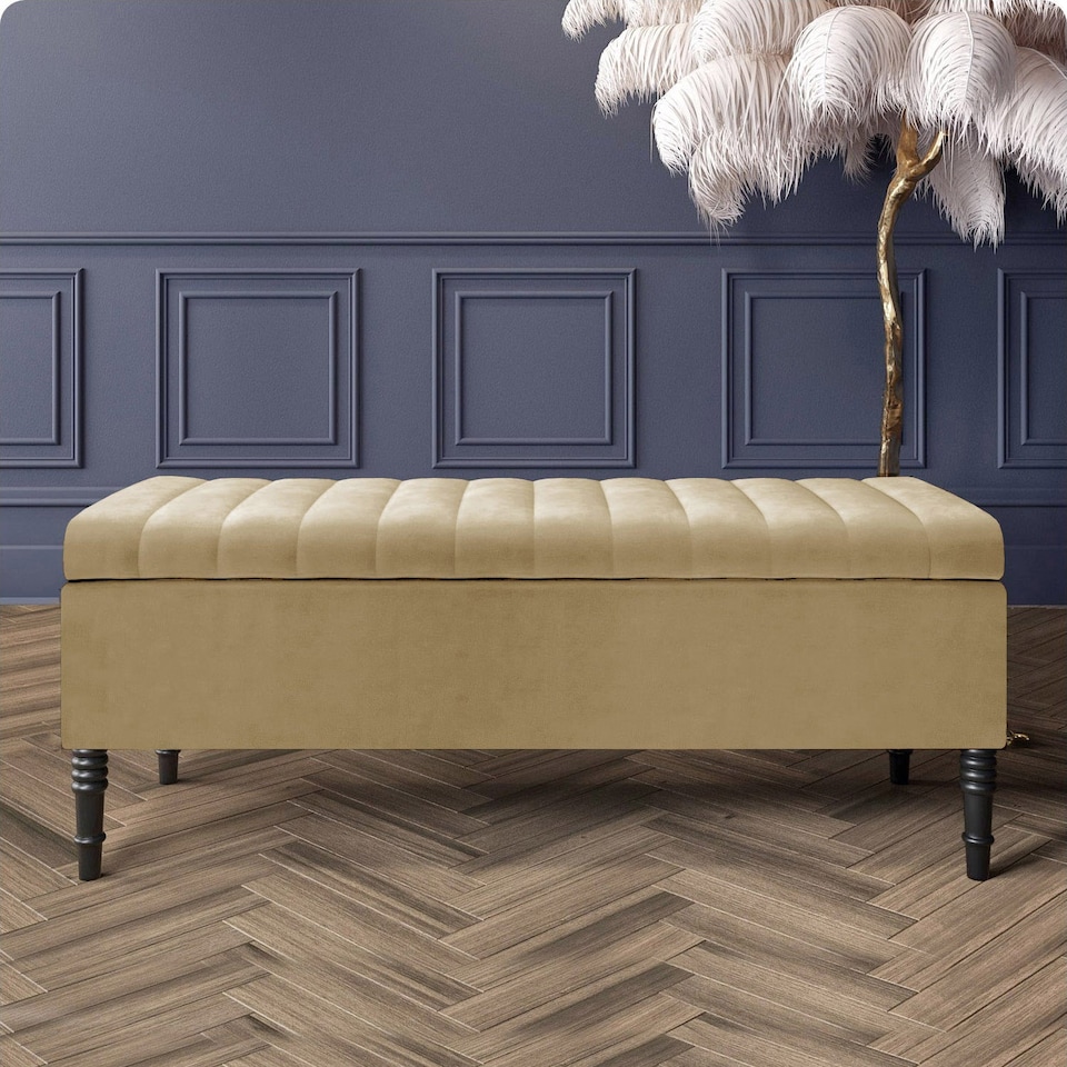 image 1 of 180cm Paris Striped Ottoman Storage Bench- Plush Velvet Shoe Bench - Mink Upholstery Footstool with Storage