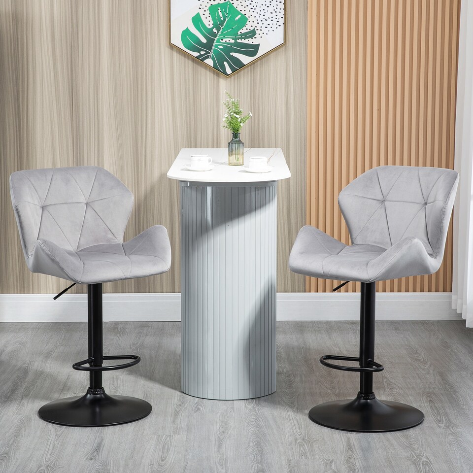image 1 of HOMCOM Bar Stools Set Of 2, Luxurious Velvet-Touch Barstools with Metal Frame Footrest Round Base Triangle Indenting Moulded Seat Adjustable Height Swivel Grey