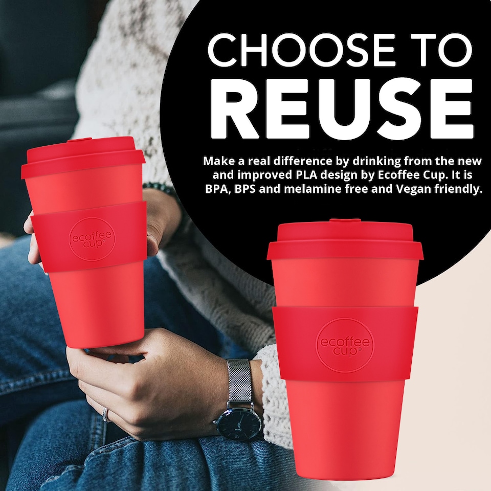 image 1 of Ecoffee Cup 14oz 400ml Reusable Eco-Friendly, Plant Based Coffee Cup with Silicone Lid & Sleeve, Meridian Gate | Red | Meridian Gate