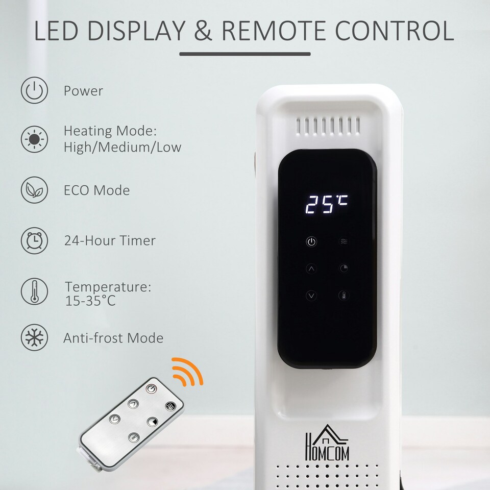image 1 of HOMCOM 2500W Oil Filled Radiator Heater w/ 3 Heat Settings Remote Control White