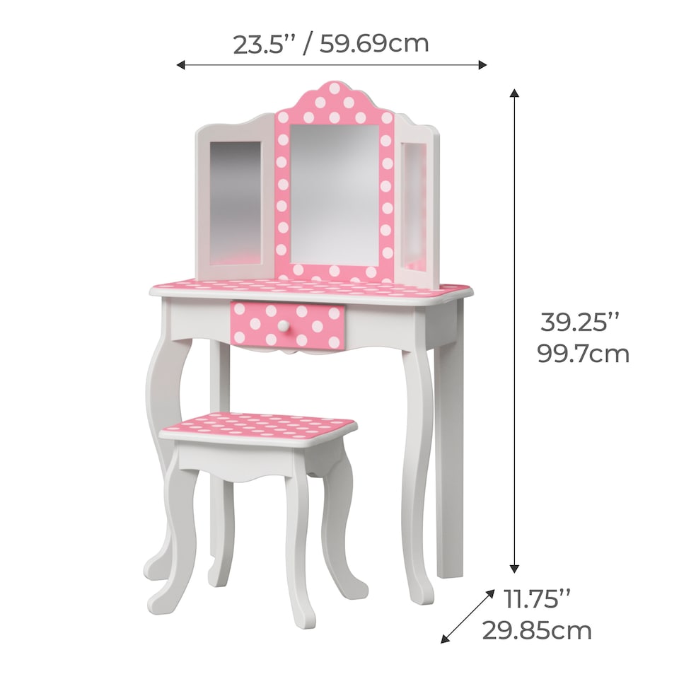 image 1 of Teamson Kids Play Vanity with Stool, Gold & White Polka Dots, Gisele