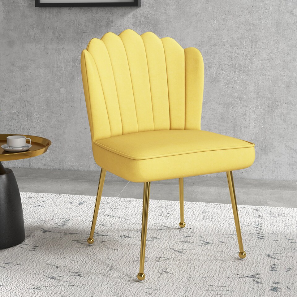 image 1 of HOMCOM Shell Luxe Velvet Accent Chair with Gold-tone Metal Legs, Modern Vanity Chair for Living Room, Bedroom, Home Office, Yellow
