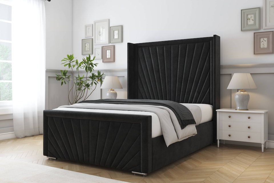 image 1 of Sloomy Rutherford Black Plush Bed Frame With 50"  Upholstered Wingback Headboard 5' King