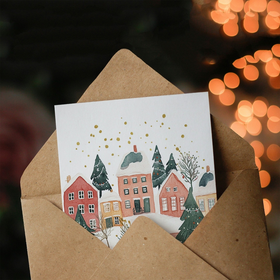 image 1 of Townscape Decorated Trees Festive Fun Xmas Art Blank Christmas Card