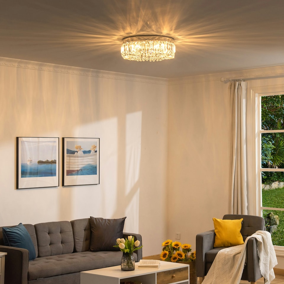 image 1 of HOMCOM Crystal Ceiling Light Modern Chandeliers for Living Room Bedroom Silver