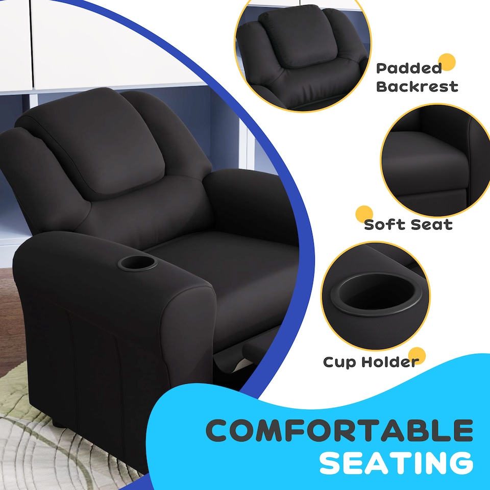 image 1 of HOMCOM Kids Recliner Chair w/ Cup Holder, PU Leather Children Lounger, Black