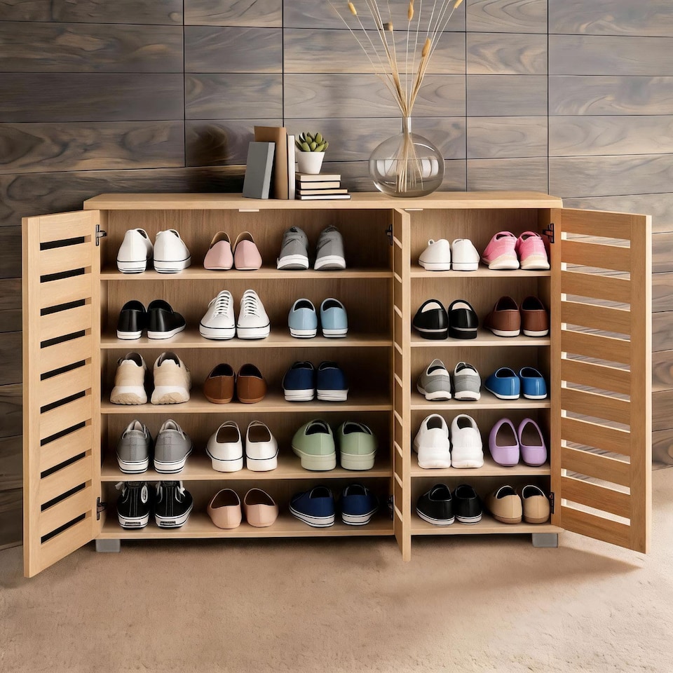 image 1 of Oslo 3 Door Wooden Shoe Storage Cabinet Rack Stand Cupboard Slatted Doors | Brown