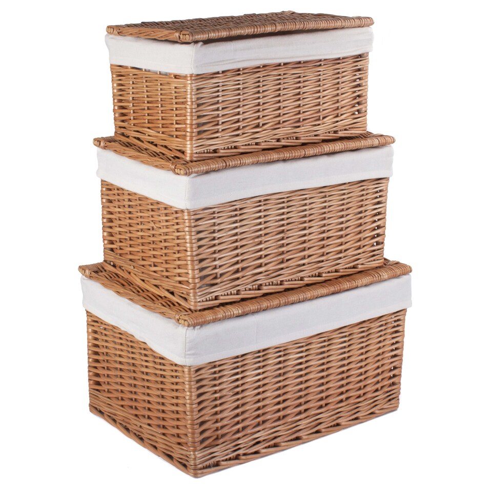 image 1 of Set of 3 Light Steamed Cotton Lined Wicker Storage Basket | Brown | Brown | Not provided