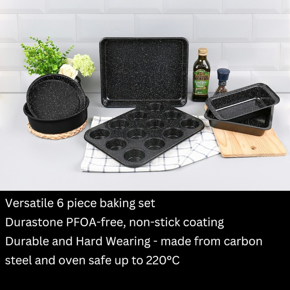 image 1 of Durastone 6 Piece Non Stick Baking Set in Black - Muffin Tin, Loaf tin, Traybake Tin, Cake Tins, Roasting Oven Tray