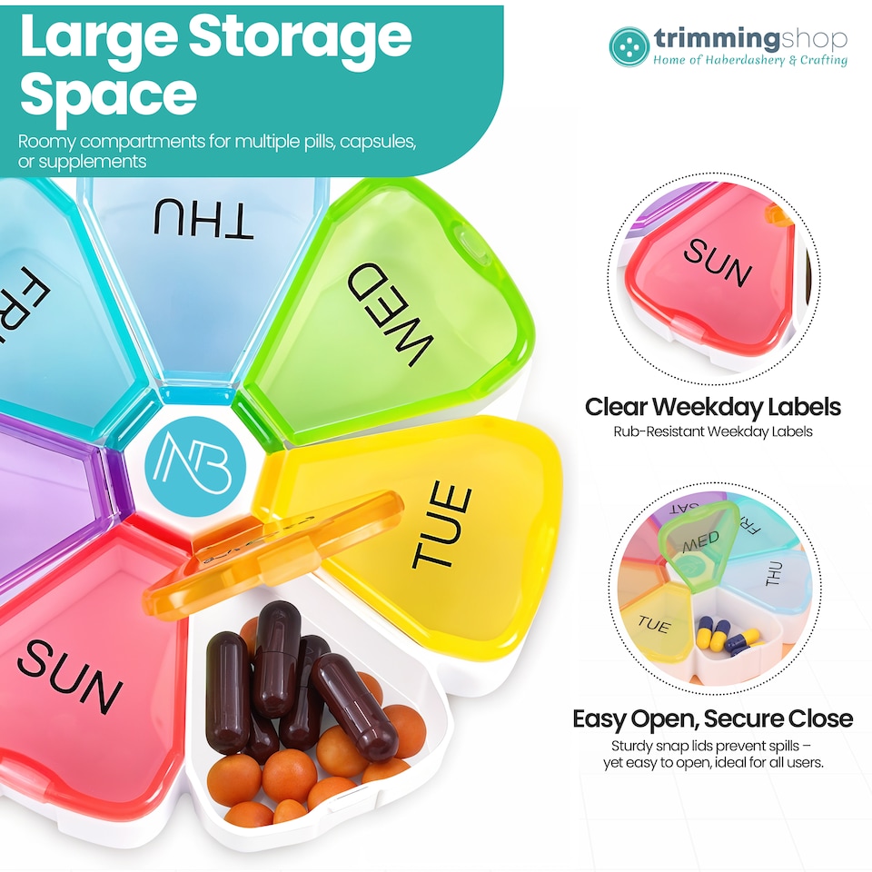 image 1 of Rainbow Weekly Pill Box, Pill Organiser with Weekday Labels
