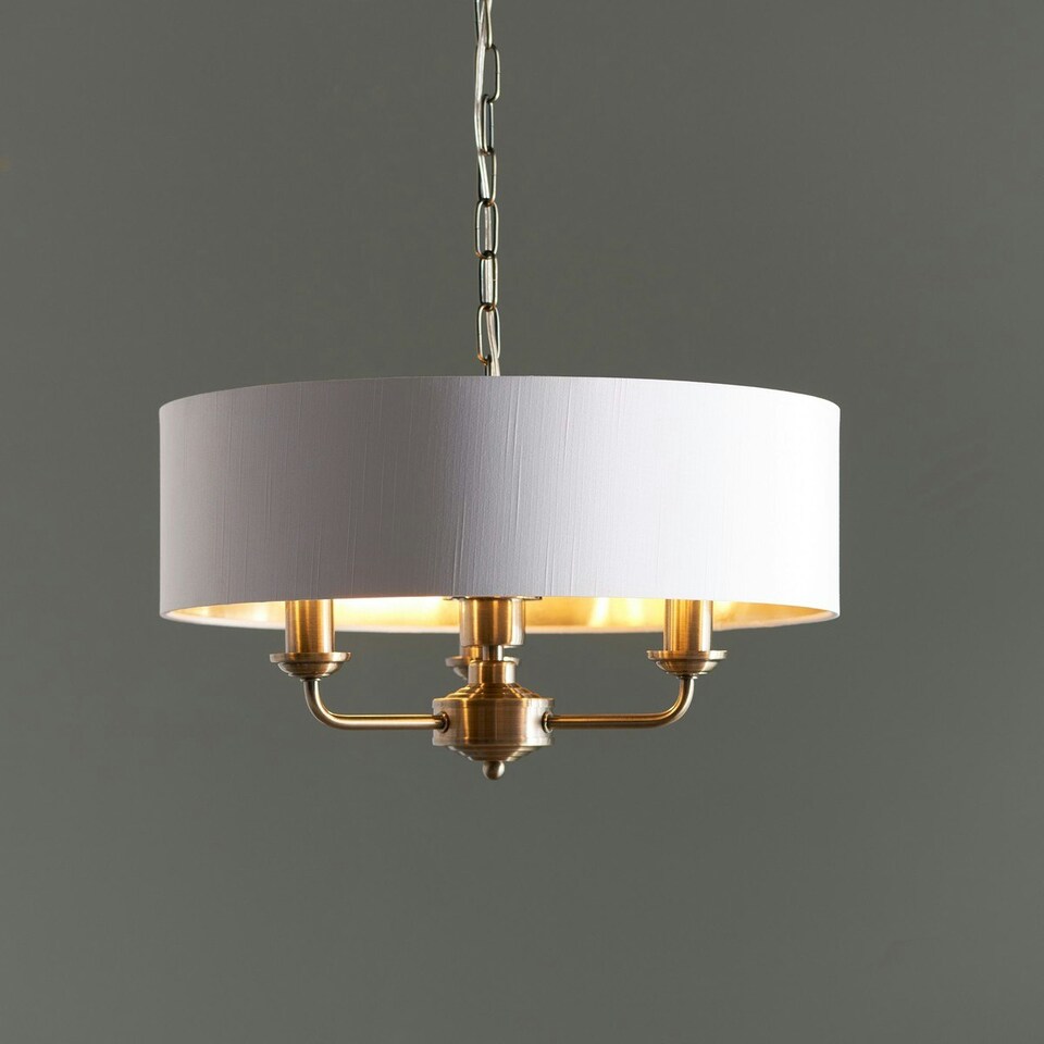 image 1 of Highclere Single Shade Pendant Ceiling Lamp, Antique Brass Plate, Vintage White Fabric