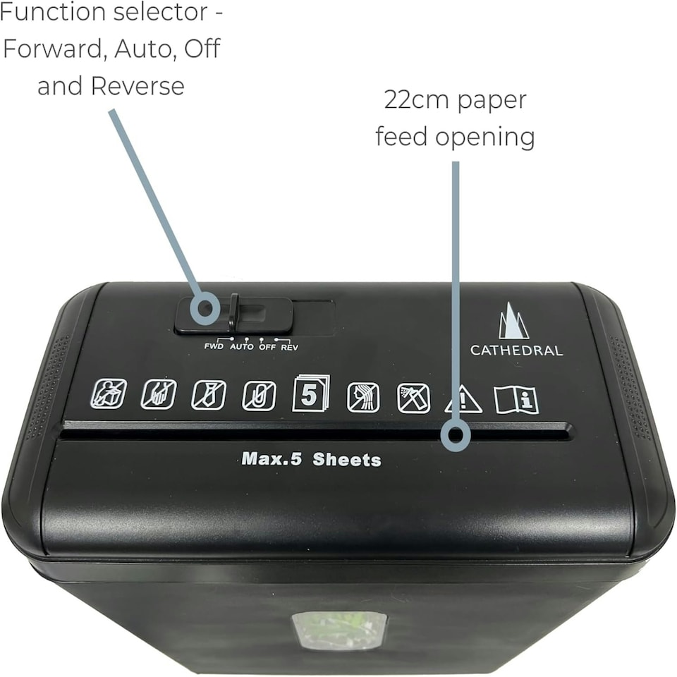 image 1 of Cathedral Cross Cut Paper Shredder Black – 5 Sheet Capacity, 8.5 L Bin, Home & Office Use