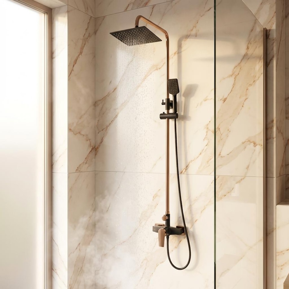 image 1 of Black/Rose Gold Brass Bathroom Shower Column Set Handshower Square Rainfall