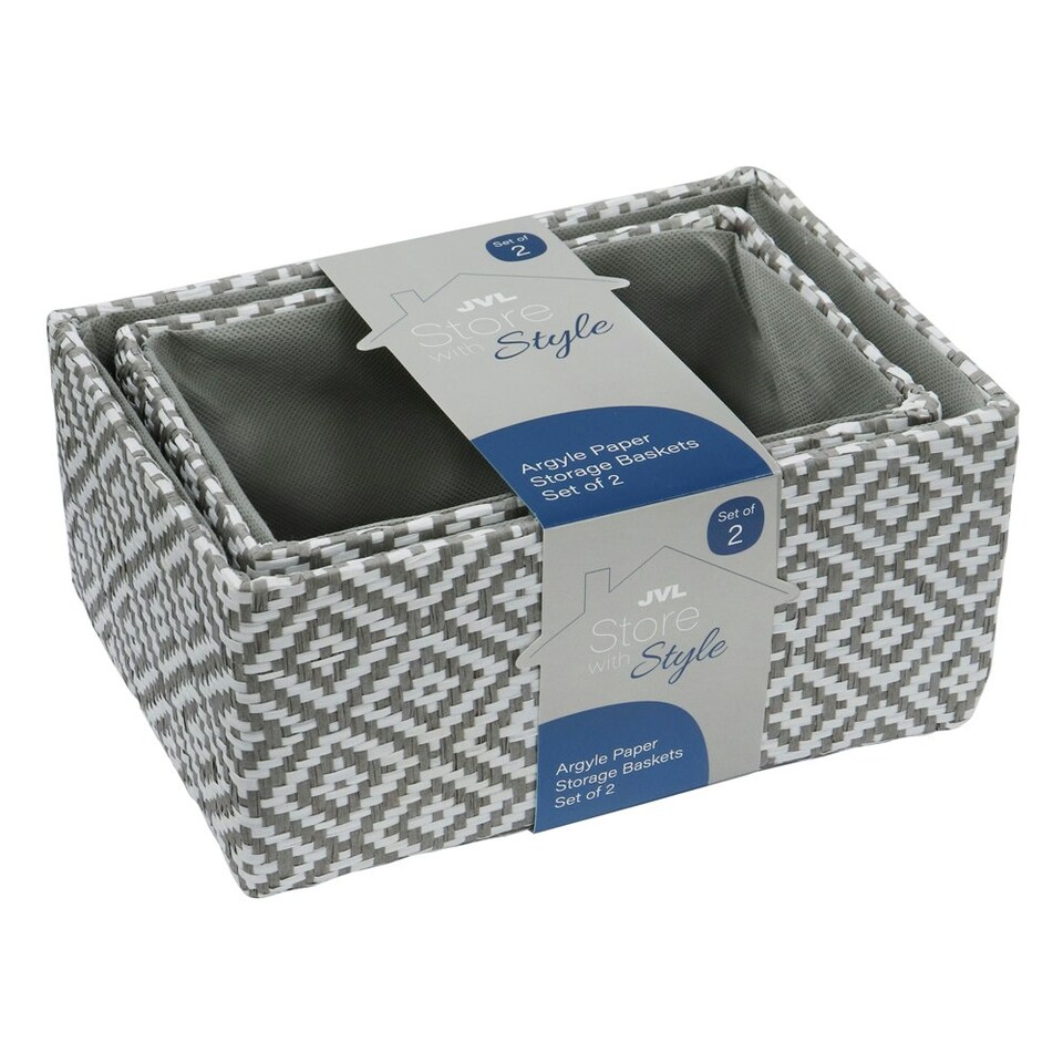 image 1 of JVL Argyle Set of 2 Rectangular Storage Baskets - Light Grey Grey
