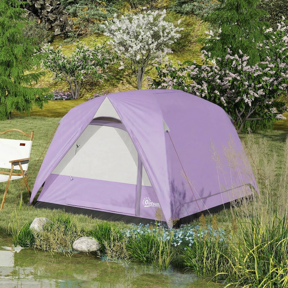 image 1 of Outsunny 3-4 Person Camping Tent, Waterproof Tent, Purple | Purple | Purple | 200 x 200 x 135 cm