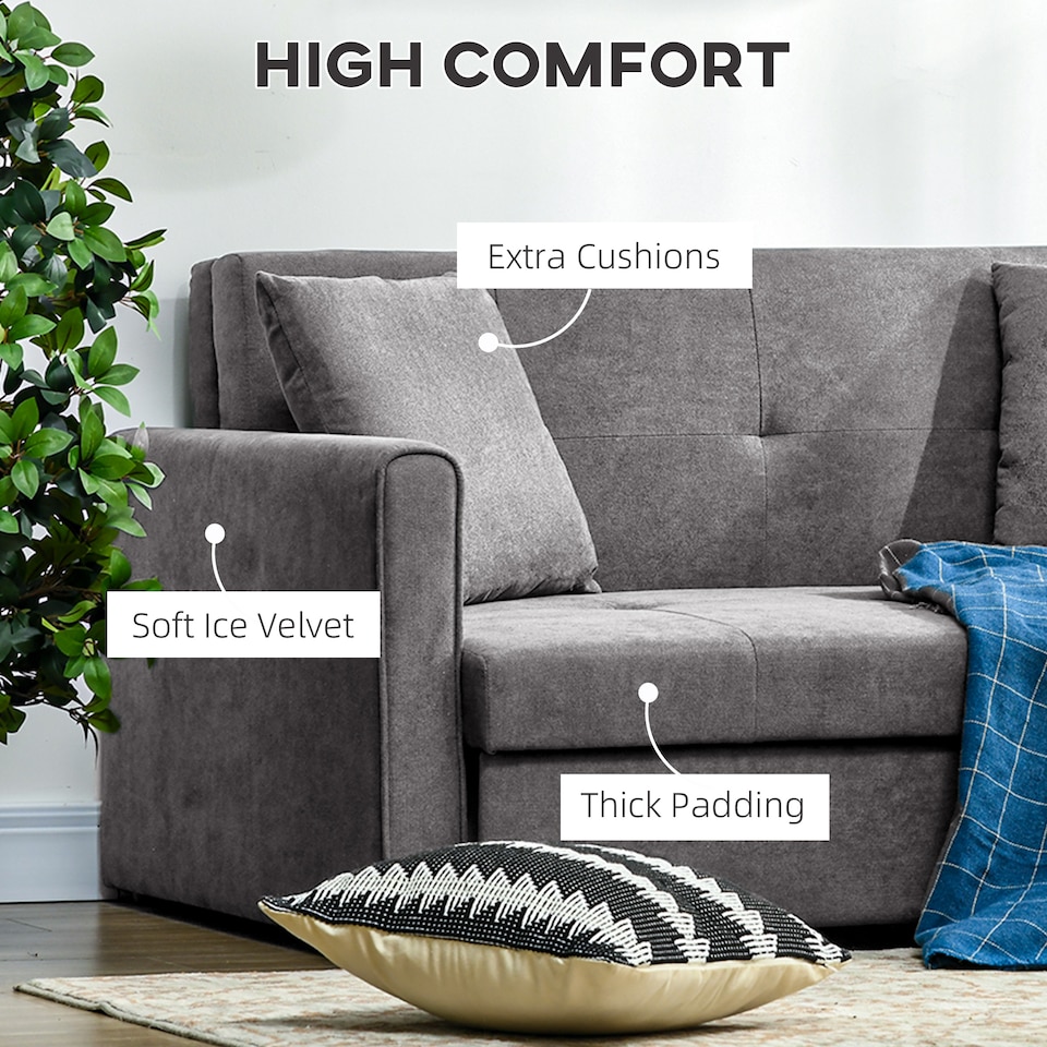 image 1 of HOMCOM 2 Seater Sofa Bed with Hidden Storage, Pull Out Convertible Bed Settee, Modern Snow Flannel Loveseat Sofa Sleeper with 2 Cushions for Living Room, Guest Room, Grey
