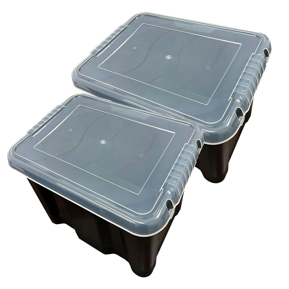 image 1 of 3 x Stackable 24 Litre Black Plastic Storage Containers With See Through Transparent Lids For Home/Office Black